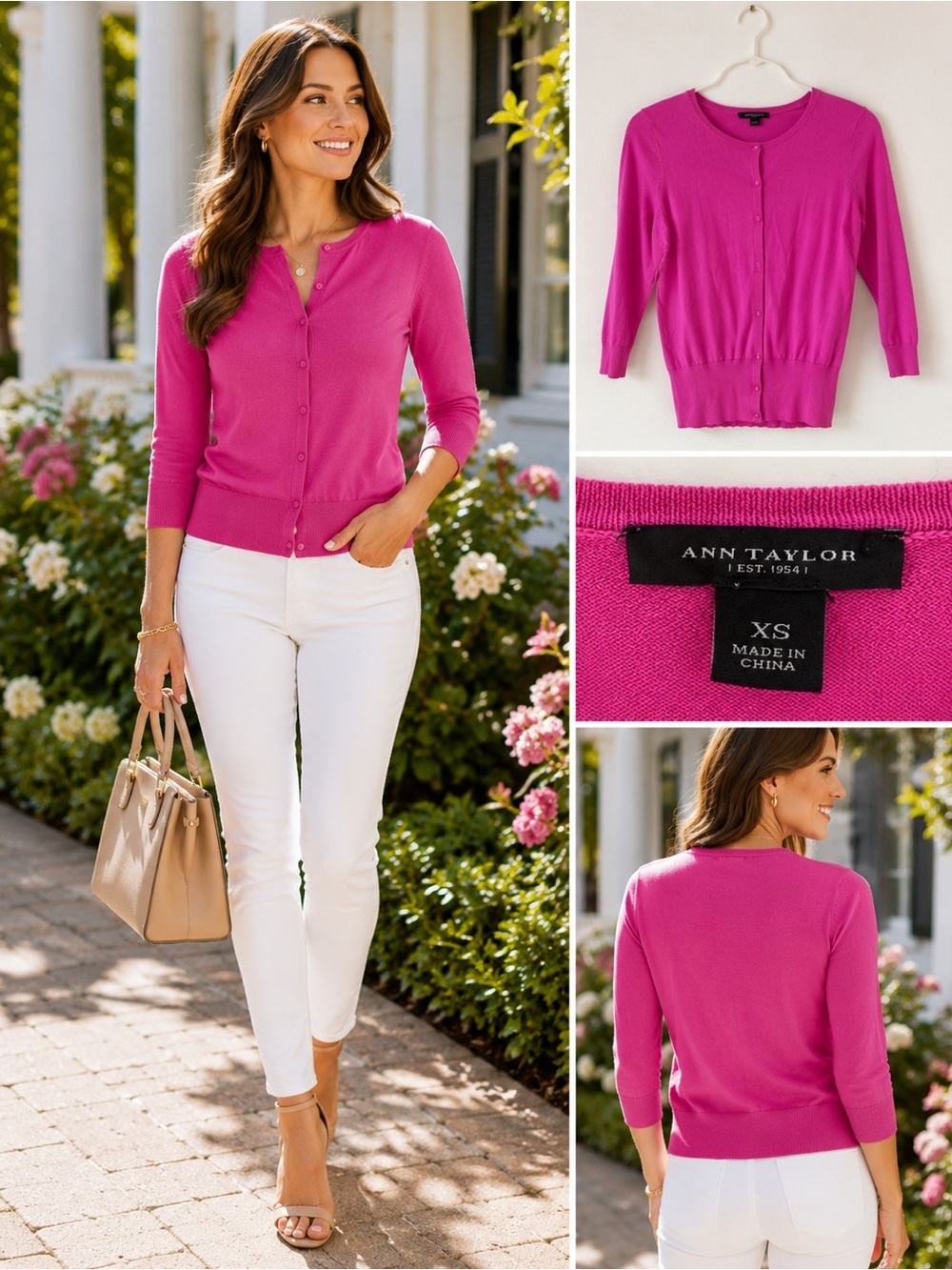Ann Taylor Pink Cardigan Sweater XS 3/4 Sleeve Button Front  Layering Piece